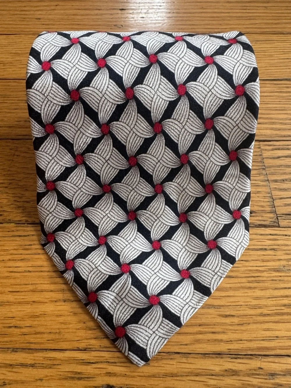Bally Geometric Silk Tie in Black, White & Red Dot Accents